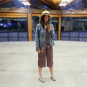 Burgundy and White Pinstriped AMBIANCE Jumpsuit